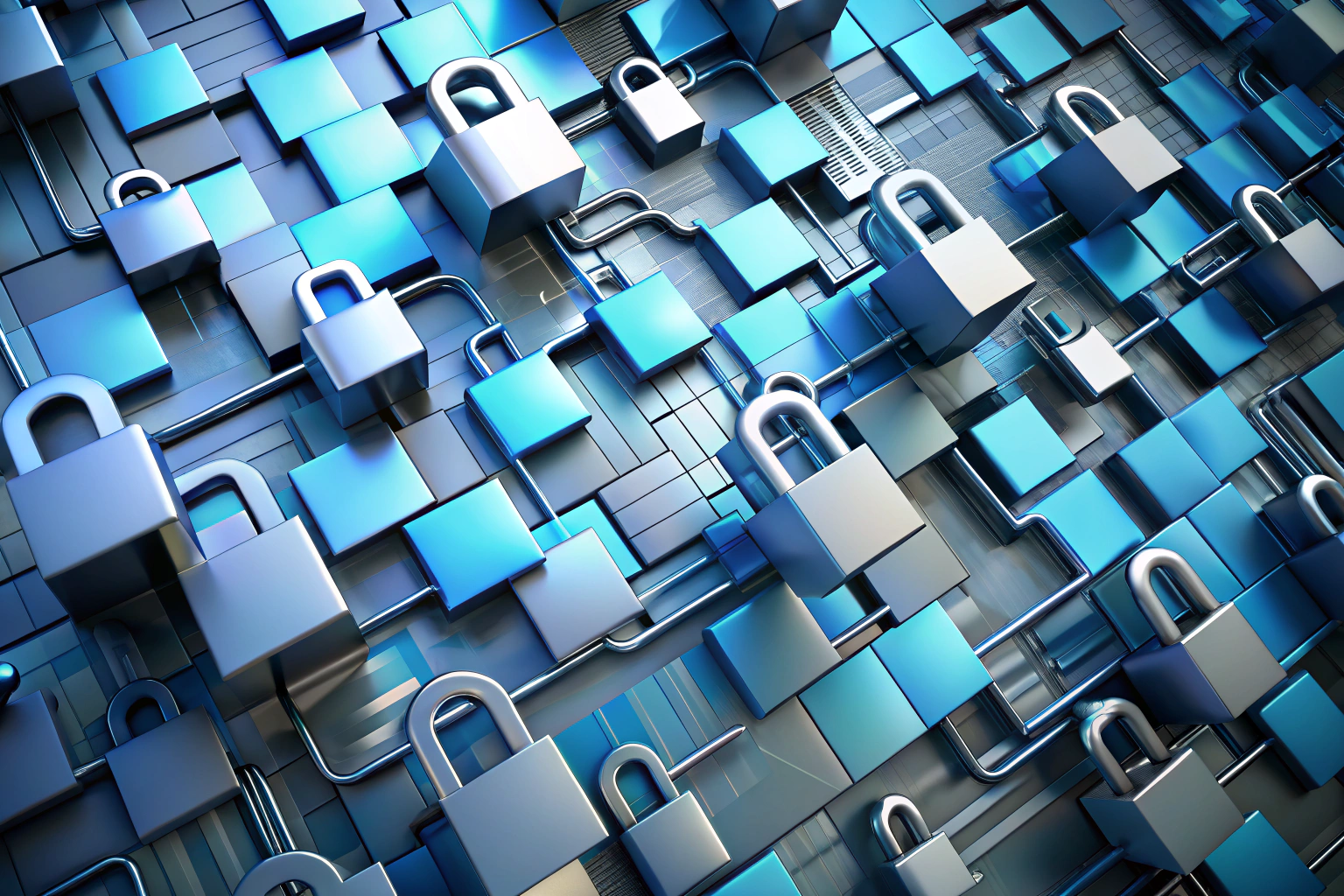 Abstract representation of data security with overlapping blue and gray geometric shapes, suggesting encryption and privacy, without any text or identifiable elements