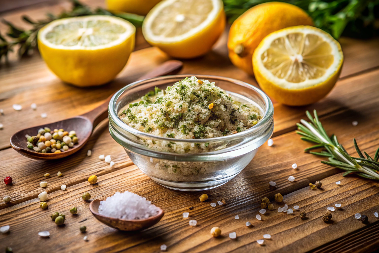 Eine Schüssel mit aromatisiertem Salz, gemischt mit getrockneten Kräutern und Zitronenschale, auf einem Holztisch in einer modernen Küche arrangiert, mit natürlichem Licht, das die Farben und Texturen betont