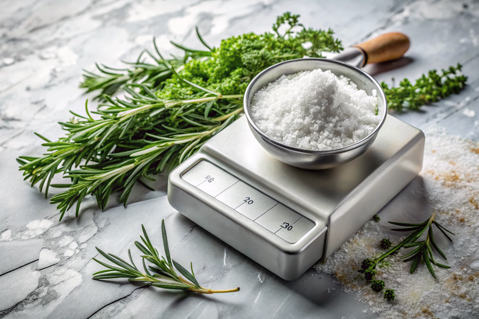 A close-up view of a kitchen scale measuring a small pile of salt next to a variety of fresh herbs like rosemary and oregano on a marble surface, with no text or branding